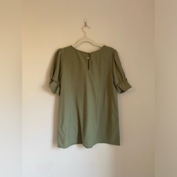 Moss Green Swiss Dot Blouse By "Reb In J" V-Neck Ruffle Sleeve Womens Top Size L - Picture 3 of 5